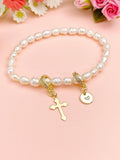 Gold Natural Pearl Cross Zirconia Bracelet with Personalized Initial Charm, N6760