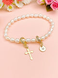 Gold Natural Pearl Cross Zirconia Bracelet with Personalized Initial Charm, N6760