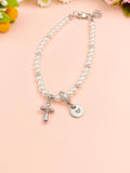 Shell Pearl Cross Bracelet with Personalized Initial Charm, N6761