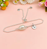 Silver Wire Wrap Natural Pearl Bracelet with Personalized Initial Charm, N6764