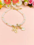 Gold Shell Pearl Cross Bracelet with Personalized Initial Charm, N6769