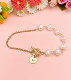 Gold Natural Freshwater Pearl Bracelet with Personalized Initial Charm, N6770