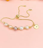 Gold Natural Pearl Slider Bolo Bracelets with Personalized Initial Charm, N6771