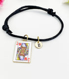 Gold Queen of Heart Card Charm Black Cord Bracelet with Initial, N5667B