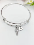 Silver Ice Cream Cone Charm Bracelet with Personalized Initial Pendant, N1506