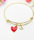 Gold Red Heart Bangle Bracelet with Personalized Initial Charm, N4308