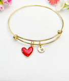 Gold Red Heart Bangle Bracelet with Personalized Initial Charm, N4308