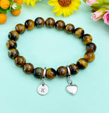 Natural Tiger Eye with Heart and Initial Charm Bracelet, N6380H