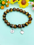 Natural Tiger Eye with Heart and Initial Charm Bracelet, N6380H
