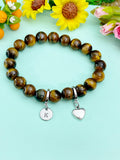 Natural Tiger Eye with Heart and Initial Charm Bracelet, N6380H