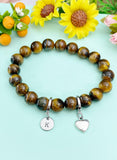 Natural Tiger Eye with Heart and Initial Charm Bracelet, N6380H
