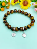 Natural Tiger Eye with Heart and Initial Charm Bracelet, N6380H