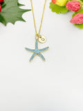 Gold Starfish Cubic Zirconia Pendant Necklace, Sea Stars Ocean Inspired Gift Jewelry, N6890