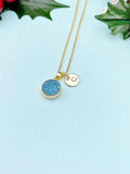 Gold Blue Natural Druzy Agate Charm Necklace, Dainty Gemstone Gift Jewelry, N5259G