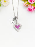 Silver Deep Pink Heart Cubic Zirconia Pendant Necklace, Romantic Gift Jewelry, N6895