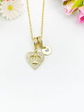 18K Gold Plated Crown Heart Clear Cubic Zirconia Pendant Necklace, Dainty Gift Jewelry, N6902