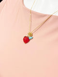 Gold Strawberry Necklace with Birthstone and Personalized Initial Charm, N4983