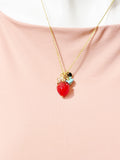 Gold Strawberry Necklace with Birthstone and Personalized Initial Charm, N4983