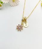 Gold Tiny Red Daisy Necklace with Zirconia Bail and Initial Pendant, N6783