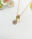 Gold Tiny Red Daisy Necklace with Zirconia Bail and Initial Pendant, N6783