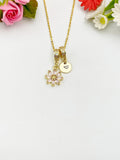 Gold Pink Daisy Necklace with Zirconia Bail and Initial Pendant, N6785