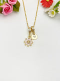 Gold Pink Daisy Necklace with Zirconia Bail and Initial Pendant, N6785