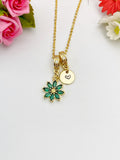Gold Emerald Green Daisy Necklace with Zirconia Bail and Initial Pendant, N6787