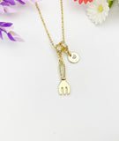 Gold Fork Necklace with Zirconia Bail and Initial Pendant, N6789