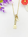Gold Fork Necklace with Zirconia Bail and Initial Pendant, N6789