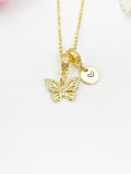 Gold Butterfly Necklace with Cubic Zirconia Bail and Initial Pendant, N6796