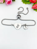Peony Flower Heart Charm Silver or Gold Bracelet – Dainty Floral Gift Jewelry, D642