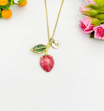 Gold Strawberry Enamel Pendant Necklace – Fruit Charm Gift Jewelry, N6819