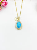 Gold Deep Sky Blue Teardrop Cubic Zirconia Pendant Necklace – Mom Gift Jewelry, N6824