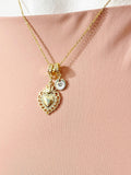 Gold Sacred Heart Mexican Flaming Milagro Holy Heart Cubic Zirconia Pendant Necklace, N6838