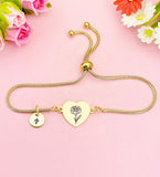 Carnation Flower Heart Charm Silver or Gold Bracelet – Dainty Floral Gift Jewelry, N645