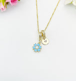 Gold Sky Blue Plum Flower Cubic Zirconia Pearl Charm Necklace – Dainty Floral Gift Jewelry, N6882