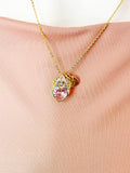 18K Gold Plated Pink Heart Crown Pendant Necklace, Cubic Zirconia Charm, Initial Necklace