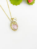 18K Gold Plated Pink Heart Crown Pendant Necklace, Cubic Zirconia Charm, Initial Necklace