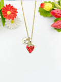 18K Gold Plated Strawberry Pendant Necklace with Initial Charm
