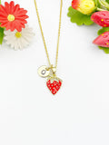 18K Gold Plated Strawberry Pendant Necklace with Initial Charm