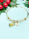 Gold Megaphone Charm Bracelet, Hand Stamped Initial Bangle, Cheerleader Gift