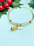 Gold Megaphone Charm Bracelet, Hand Stamped Initial Bangle, Cheerleader Gift