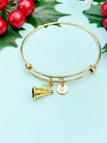 Gold Megaphone Charm Bracelet, Hand Stamped Initial Bangle, Cheerleader Gift