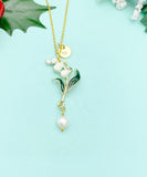 Lily of Valley Flower Shell Pearl Charm Gold Necklace, Lilium Lilies Floral Jewelry, N6561