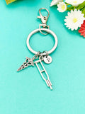 Silver Medical Keychain • Crutches Caduceus Charm • Orthopedic Healthcare Gift, N1980M