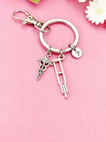Silver Medical Keychain • Crutches Caduceus Charm • Orthopedic Healthcare Gift, N1980M