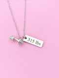 Silver Barbell Weightlifting 315lbs Charm Necklace, N6755W