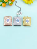 Miniature Book Locket Necklace with Forget Me Not Flower, Initial Charm, 18" Chain