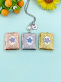 Miniature Book Locket Necklace with Forget Me Not Flower, Initial Charm, 18" Chain