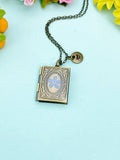 Miniature Book Locket Necklace with Forget Me Not Flower, Initial Charm, 18" Chain